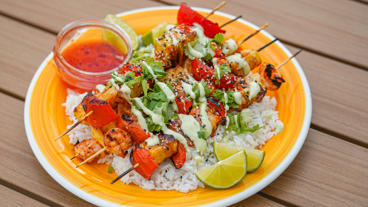 Grillspyd med vannamei rejer og ananas