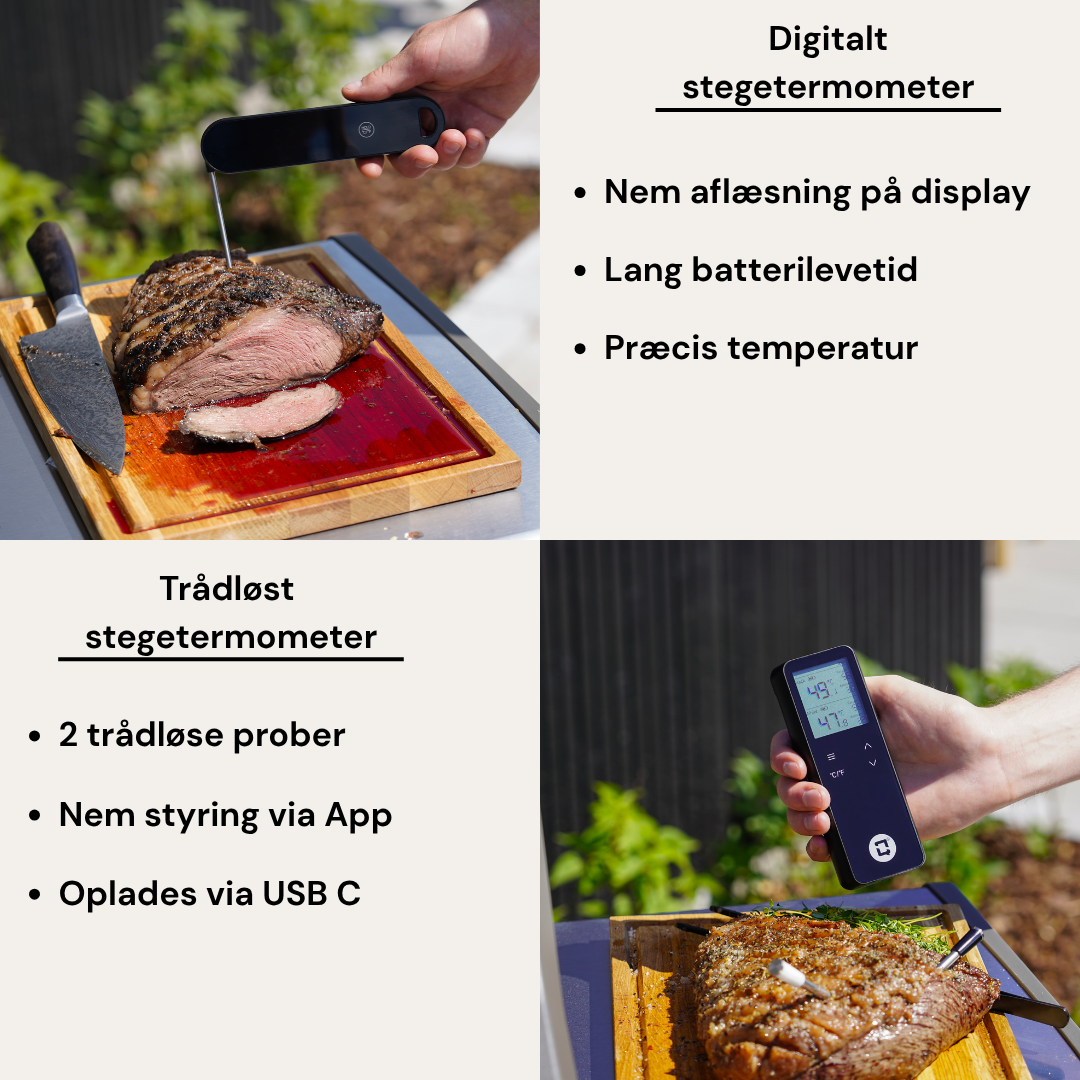 Sammenligning af digitalt og trådløst stegetermometer til måling af kernetemperatur i kød på grill.