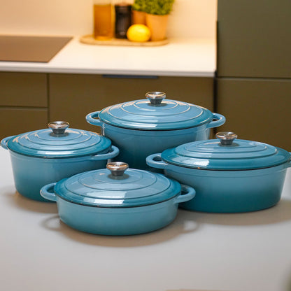 Stort grydesæt i emaljeret støbejern