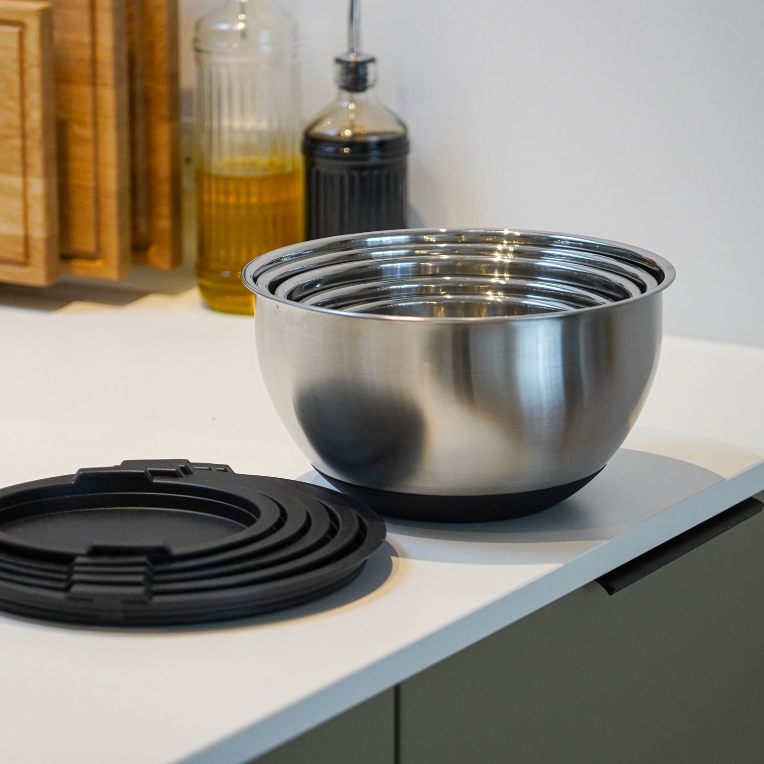 Røreskåle sæt i rustfrit stål med låg og skridsikker bund fra Qookware