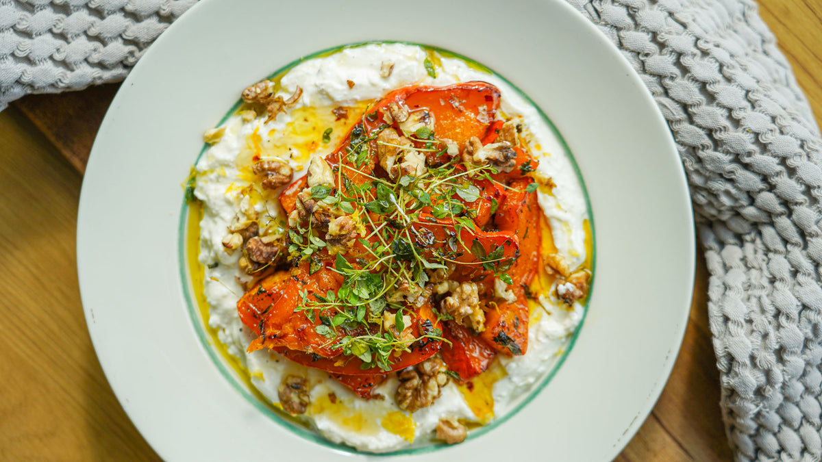 Bagt græskar med feta-creme, honning & timian