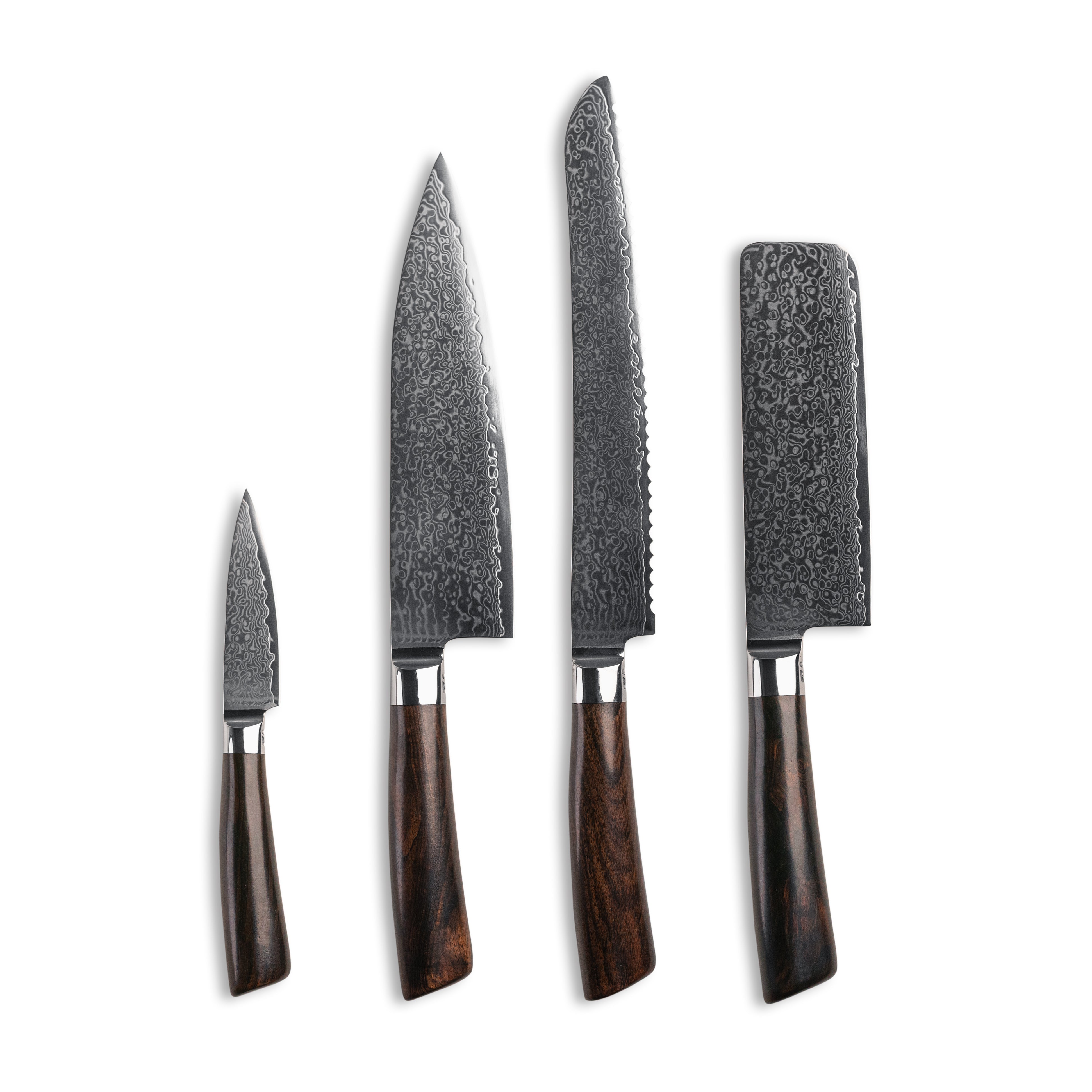 Knivsæt med 4 knive; urtekniv, kokkekniv, brødkniv og en nakiri kniv